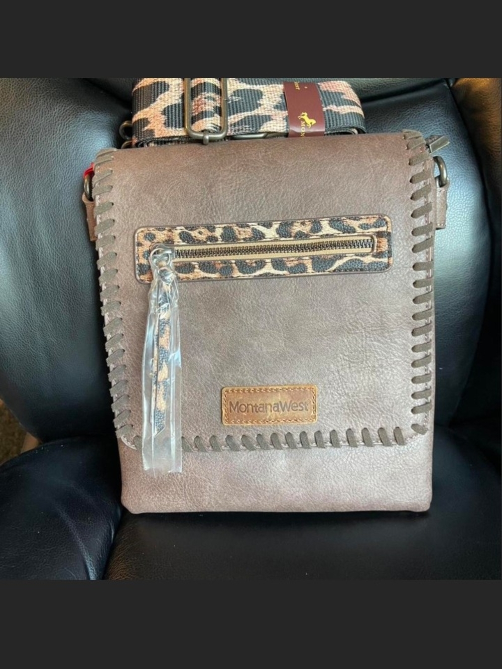 Montana West Taupe Brown Crossbody with Leopard Trim
